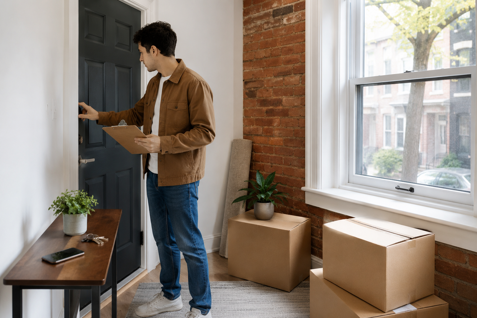 New Philadelphia renter inspecting door and window locks during move-in